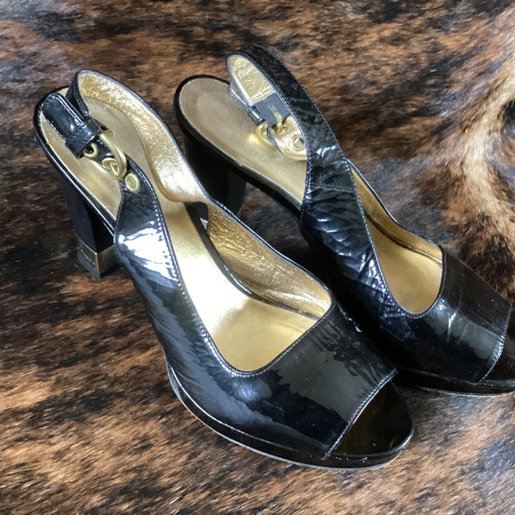 Coach Gem Black Patent Leather Sling Back Peep Toe Heels - Picture 8 of 11